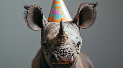 Rhino calf with birthday hat, gray background, generative ai