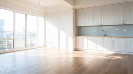 Commercial apartment building floors built for interior decoration and design, open space with bright area and Kitchen , AI generated