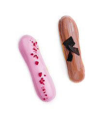 Chocolate and raspberry eclairs isolated on white background