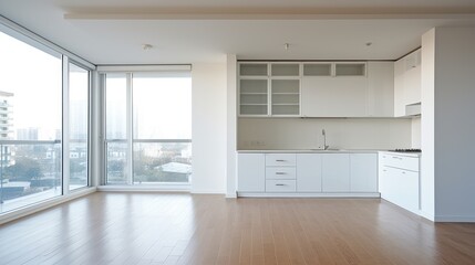 Fototapeta premium Commercial apartment building floors built for interior decoration and design, open space with bright area and Kitchen , AI generated