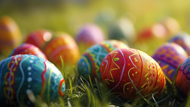 Colorful hand painted Easter eggs hidden in the grass