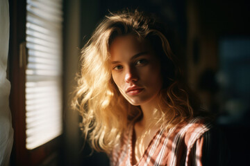 Fototapeta premium Cute, Pretty Caucasian Woman with Curly Blond Hair Posing Happily in Studio on a Natural Light Background