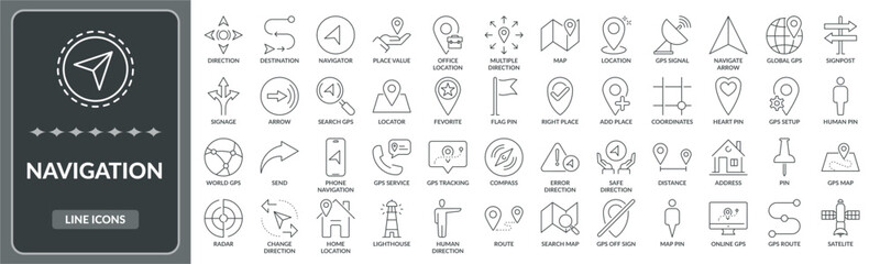 Set of Navigation line icons. Collection of navigation, location icon EPS10 - Stock Vector.