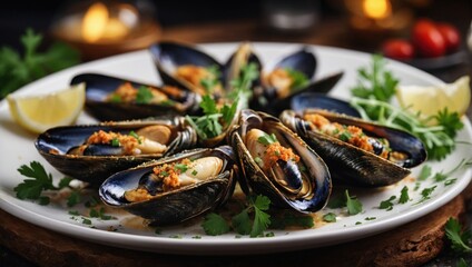 Baked mussels in a white plate, close-up view. Seafood dish recipe banner - obrazy, fototapety, plakaty