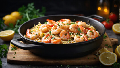 Beautiful Shrimp Scampi dish in black pan. Shrimp recipe. Shrimp dish on wooden plate