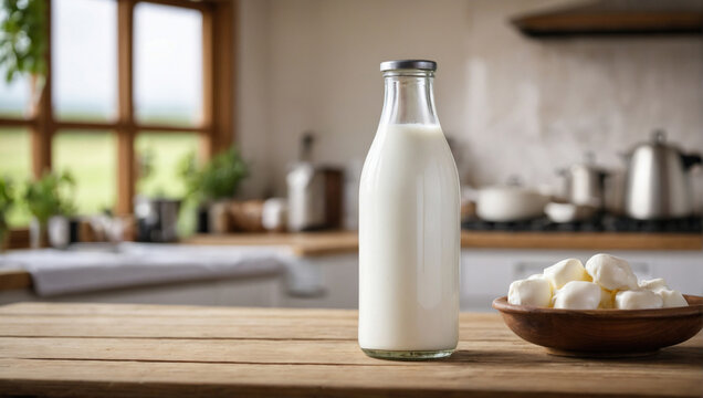 Glass milk bottle on wooden table top in front, blurred rustic kitchen background. Fermented milk products advertising banner