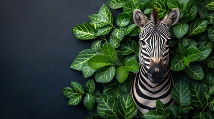 a zebra standing in front of a bunch of green leaves on a black wall with a green plant behind it. - obrazy, fototapety, plakaty