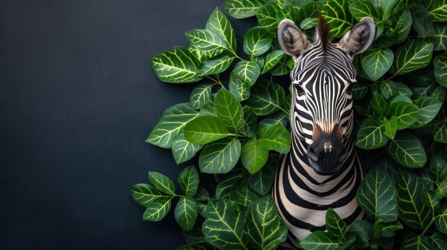 a zebra standing in front of a bunch of green leaves on a black wall with a green plant behind it.