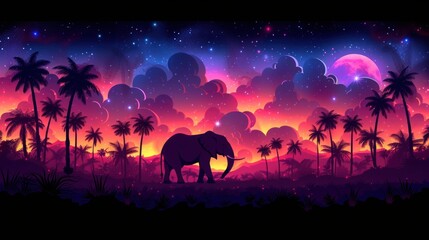a night scene with an elephant in the foreground and a full moon in the background with palm trees in the foreground.