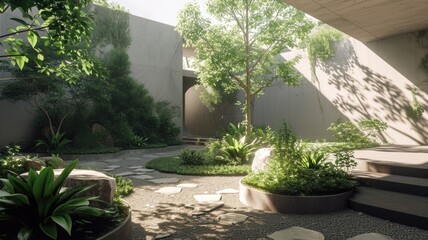 Peaceful garden within modern concrete architecture with sunlight and greenery