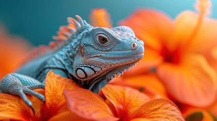 Fototapeta premium a close up of an iguana on a flower with a blue background and orange flowers in the foreground.