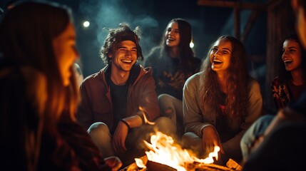 A group of young people sit around a campfire and celebrate