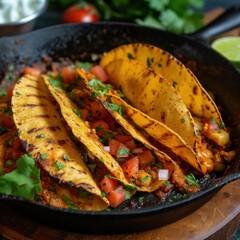 a skillet filled with tacos, salsa, and tortilla shells on top of a wooden cutting board.