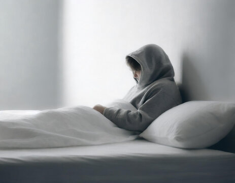 Silhouette of a hooded person sitting in empty room in a bed. Concept of depression, emotional pain, isolation and mental health issues