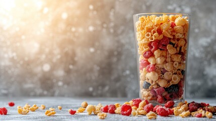 a glass filled with cereal sitting on top of a table next to a pile of raspberries and cereal.