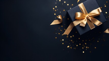 Dark blue gift box with gold satin ribbon on dark background. Top view of birthday gift with copy space for holiday or Christmas present