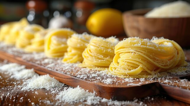 a wooden cutting board topped with pasta covered in parmesan cheese and sprinkled with powdered sugar.