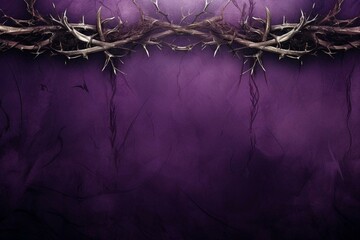 Dark purple background with cross of ashes, palm fronds border, and crown of thorns. Generative AI - obrazy, fototapety, plakaty