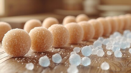 a group of sugar balls sitting on top of a wooden table next to a pile of sugar cubes on top of a wooden table.