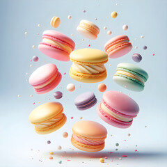 Obraz premium Ethereal Delights: Floating Macarons on a Clean Background