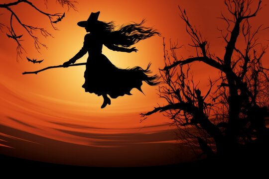 Creepy silhouette of a witch flying on a broomstick