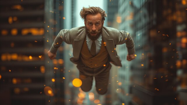 Business Mann als Superheld fliegt hoch