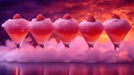 a row of pink cocktail glasses filled with ice and raspberries on top of a cloud of pink liquid.
