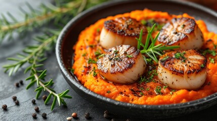 a plate of food with sea scallops on top of mashed potatoes and garnished with herbs.