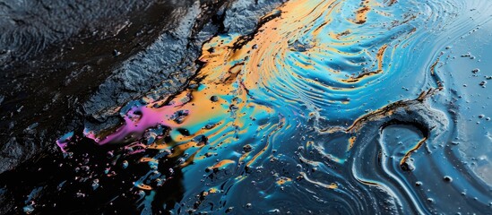 Colorful shapes and iridescence against a reflective surface. Tar and water blend together in the pit. - obrazy, fototapety, plakaty