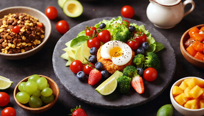 Obraz na płótnie Canvas Balanced Diet Background with Healthy Nutritions