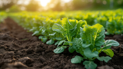 Nahaufnahme - Junge Bio Salatpflanzen im Sonnenlicht auf Feld - ökologischer Anbau von Gemüse - obrazy, fototapety, plakaty