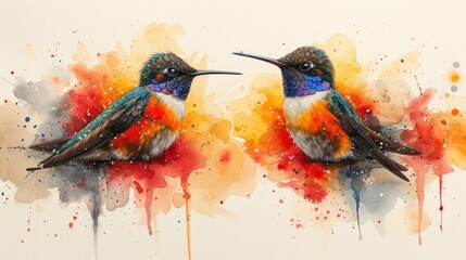 a couple of birds sitting on top of each other in front of a painting of red, yellow, and blue.