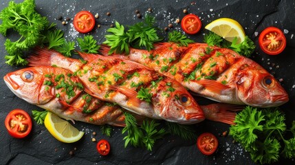 a couple of fish sitting on top of a table next to sliced tomatoes and parsley on top of a cutting board. - obrazy, fototapety, plakaty
