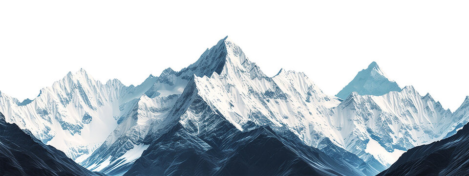 Snow covered mountain peaks, highlighting the serenity and power that emanate from these natural wonders. transparent png, add your own background, generative ai