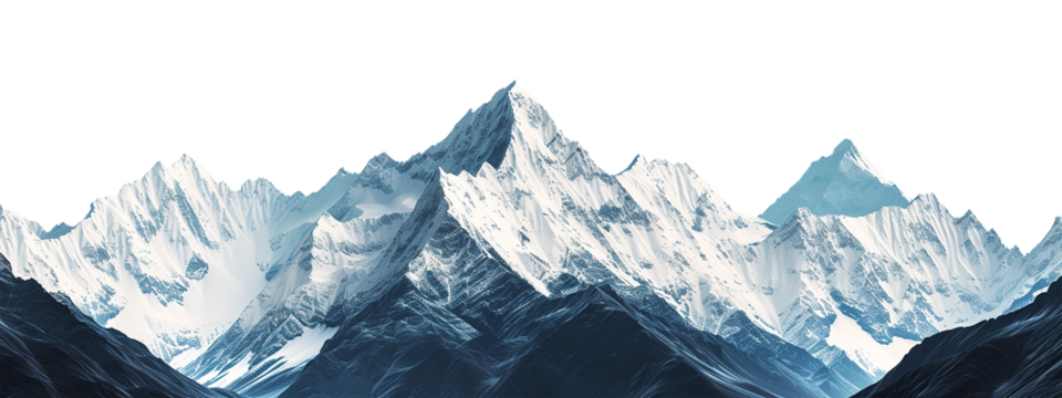 Snow covered mountain peaks, highlighting the serenity and power that emanate from these natural wonders. transparent png, add your own background, generative ai