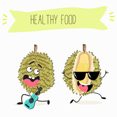 Cute  cartoon durian characters with different activities. Flat vector illustration, funny fruits. Organic food.