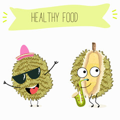 Cute  cartoon durian characters with different activities. Flat vector illustration, funny fruits. Organic food.