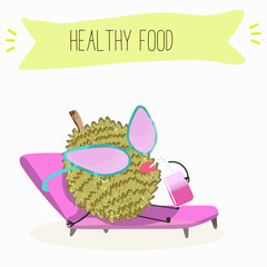 Cute  cartoon durian characters with different activities. Flat vector illustration, funny fruits. Organic food.