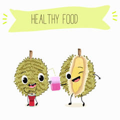 Cute  cartoon durian characters with different activities. Flat vector illustration, funny fruits. Organic food.