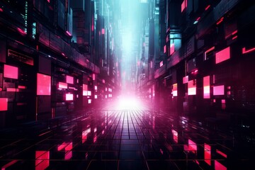 Vibrant and colorful futuristic cityscape with a geometric pattern of pink and purple squares