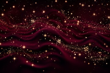 Obraz premium Glittering golden stars and swirls against a rich burgundy background, exuding luxury and sophistication, perfect for elegant holiday designs.