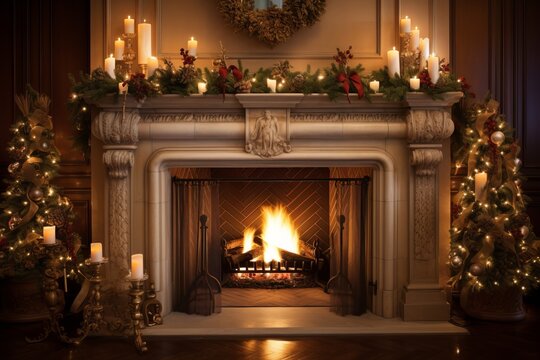 Glowing candles and a warm fireplace creating a cozy holiday ambiance