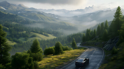 Aerial view of a car driving on a mountain road