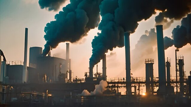 industrial factory with smoke at sunset 