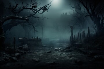 Haunted forest with mist. Halloween horror background - obrazy, fototapety, plakaty