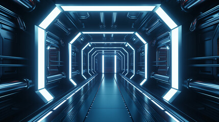 Futuristic hallway or corridor on a space station or large ship illuminated by lights