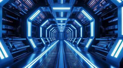 Futuristic hallway or corridor on a space station or large ship illuminated by lights