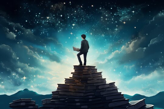 Illustration of a person sitting atop a giant open book, gazing at the stars above