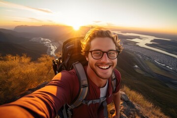 Happy young man hiker taking selfie on top of mountain, smiling tourist with backpack and glasses enjoying beautiful sunset from the top of mountain
