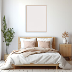  Frame mockup, single vertical ISO A paper size, reflective glass, mockup poster on the wall of bedroom. Interior mockup. Apartment background. Modern interior design. 3D render